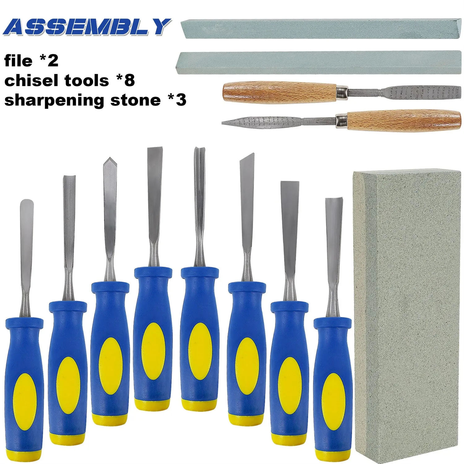 13 PCS Wood Chisel Set Carbon Steel Blades Rubber Handles Including Rasps Sharpening Stones and Canvas Bag for Woodworking Carving 13 PCS Wood Chisel Set Carbon Steel Blades Rubber Handles Including Rasps Sharpening Stones and Canvas Bag for Woodworking Carving