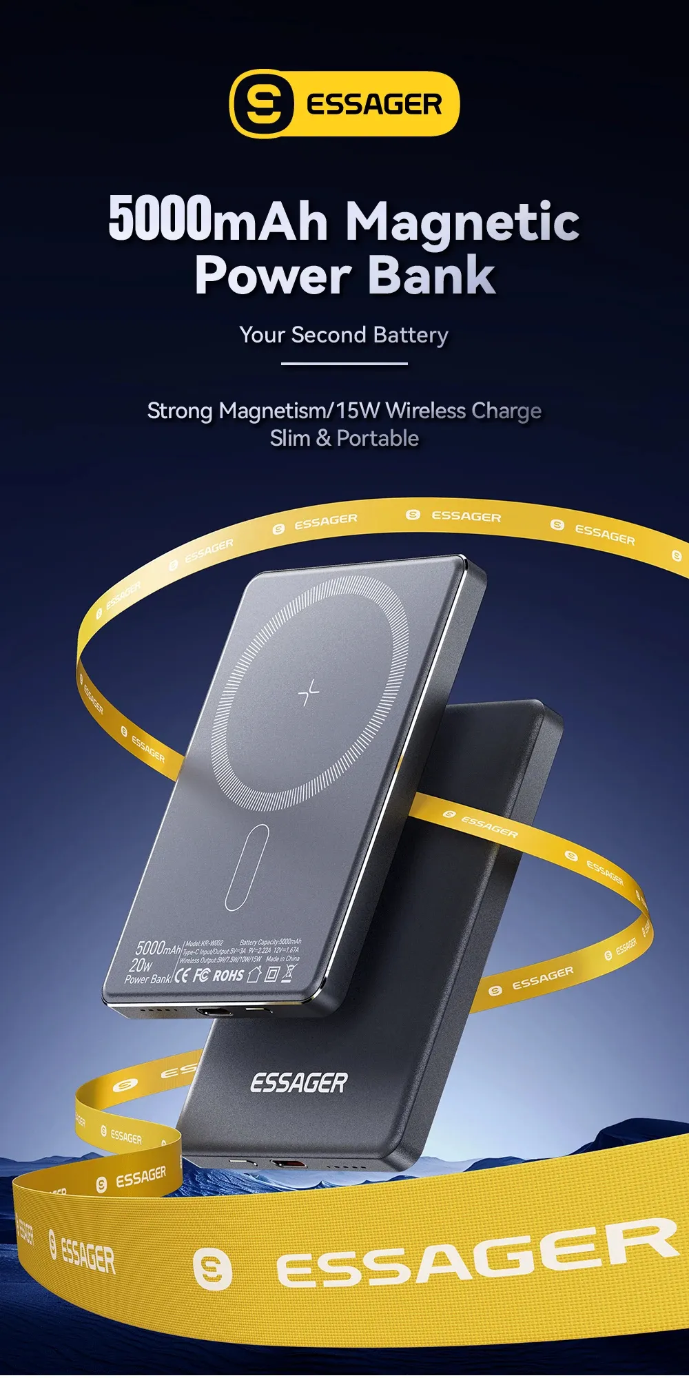 ESSAGER KR-W002 Power Bank magnetico wireless 15W 5000mAh Alimentatore esterno con 1 ingresso e 2 uscite Ricarica rapida per iPhone 16 16 Pro 15 14 13 Pro Max per Xiaomi 15 Ultra per Samsung Galaxy S25 Ultra