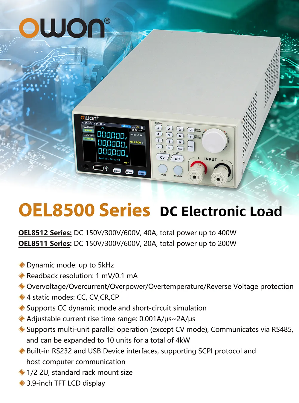 OWON OEL8511 OEL8512 Series DC Electronic Load High Precision Control 150V/300V/600V 40A 400W LCD Display Protection Modes