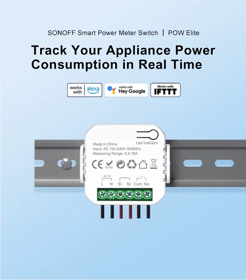 Ewelink WiFi Smart Energy Meter 70A+10A Clamp Sensor Real-Time Monitoring ບັນທຶກຂໍ້ມູນ 6 ເດືອນ Smart Home Automation Power Energy Saving App Voice Control with Alexa Google IFTTT