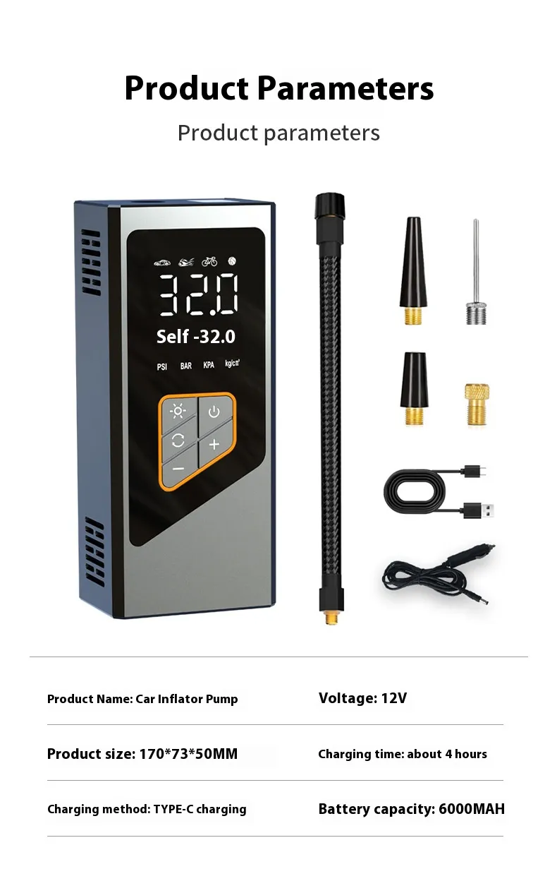 Cordless Tire Inflator with Digital Display 3*2000mAh Tire Inflator Digital Display 4 Mode Car Air Pump Built-In LED Lighting for Car Motorcycle Bike Ball