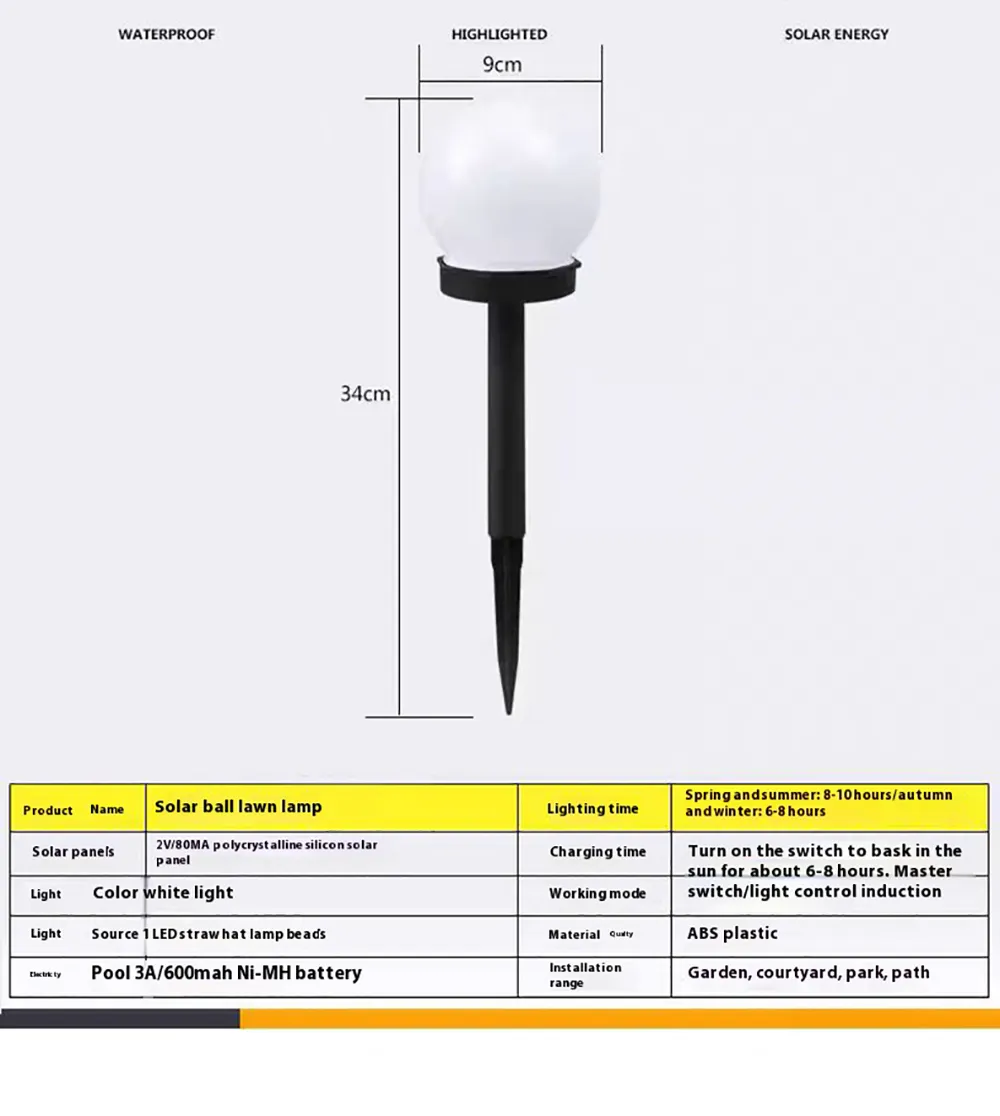 2PCS Solar Lawn Light Round Ball LED Lawn Light Courtyard Garden Park Outdoor Solar Lawn Light IP65 Waterproof