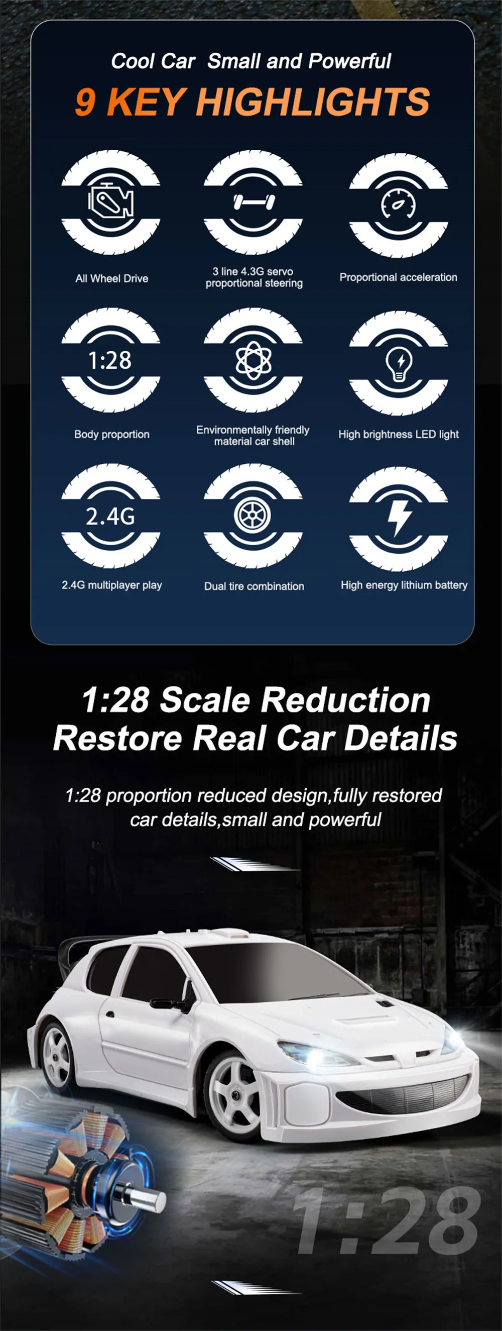 LDRC 2802 7.4V 2s Battery 206 RTR 1/28 2.4G 4WD RC Car Drift LED Light On-Road Full Proportional Racing Vehicles Models Toys