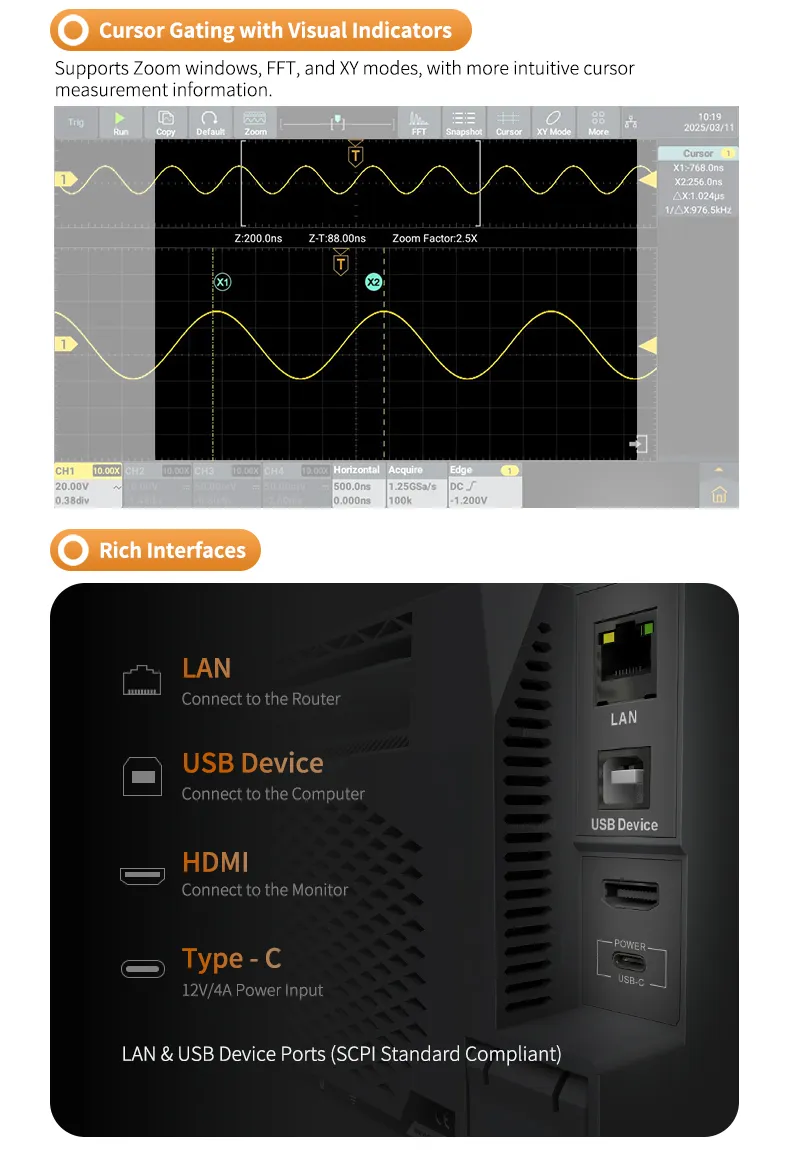 OWON ADS802A/ADS812A/ADS822A Digital Oscilloscope 2 Channels 1.25GSa/s 12-bit 7-inch Display USB HDM LAN Connectivity OWON ADS802A/ADS812A/ADS822A Digital Oscilloscope 2 Channels 1.25GSa/s 12-bit 7-inch Display USB HDM LAN Connectivity