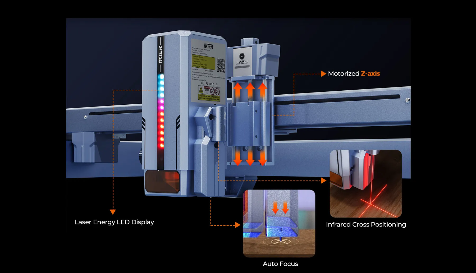 iKier K1 Pro 24W Laser Engraving Machine Engraver With 4.3 Touch Screen 800mm/s Ultra Fast Speed Motorized Z-axis Autofocus
