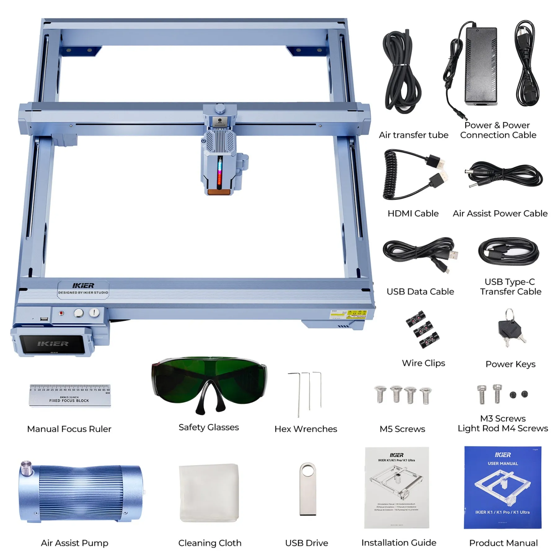 iKier K1 Pro 24W Laser Engraving Machine Engraver With 4.3 Touch Screen 800mm/s Ultra Fast Speed Motorized Z-axis Autofocus