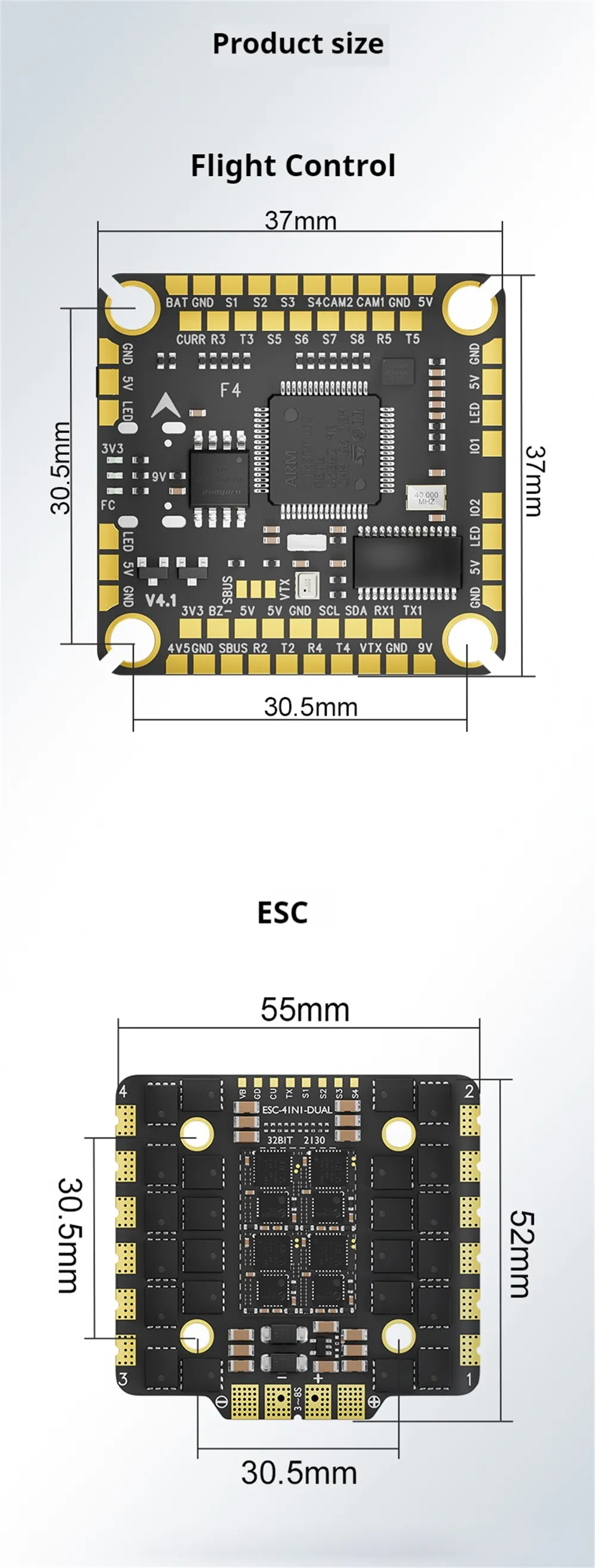 30.5mm x 30.5mm Aocoda-RC F4100 V4 AM32 Stack Build-in F405 V4 Flight Controller & 100A 3-8S ESC for FPV Racing Drone