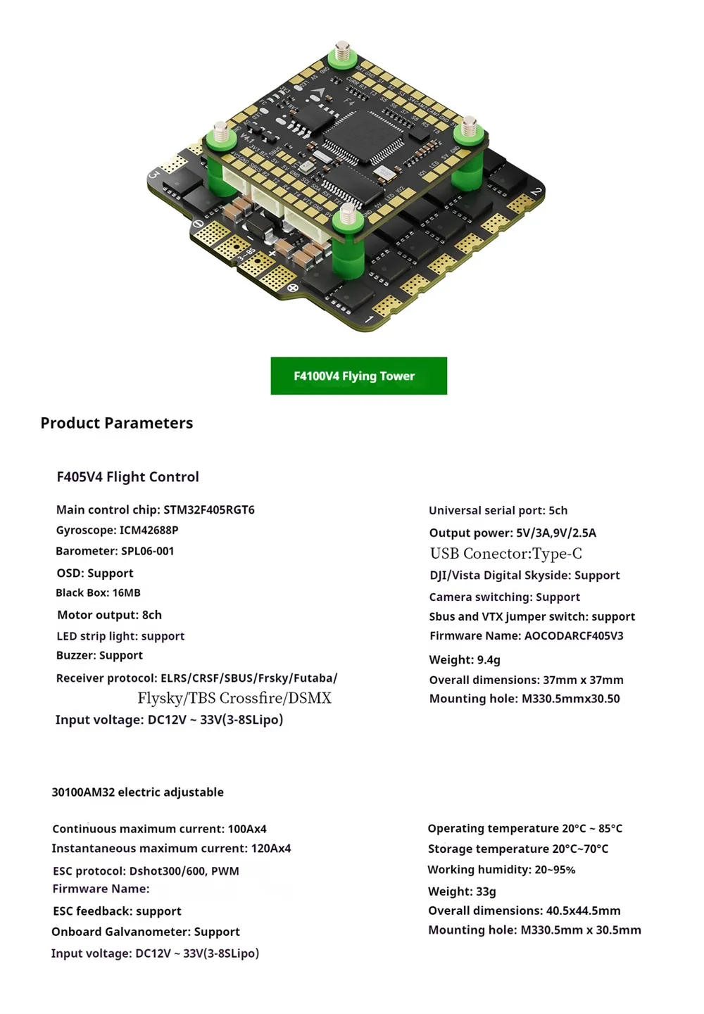 30.5mm x 30.5mm Aocoda-RC F4100 V4 AM32 Stack Build-in F405 V4 Flight Controller & 100A 3-8S ESC for FPV Racing Drone