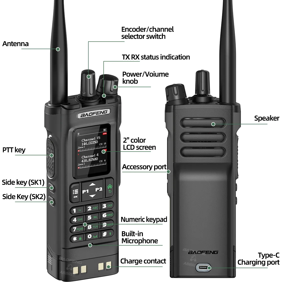 Baofeng DM-32UV 8W パワー DMR デジタルアナログトランシーバー 2.0 TFT GPS APRS 4000チャンネル NOAA VOX Type-C 双方向ラジオ イヤホン付き