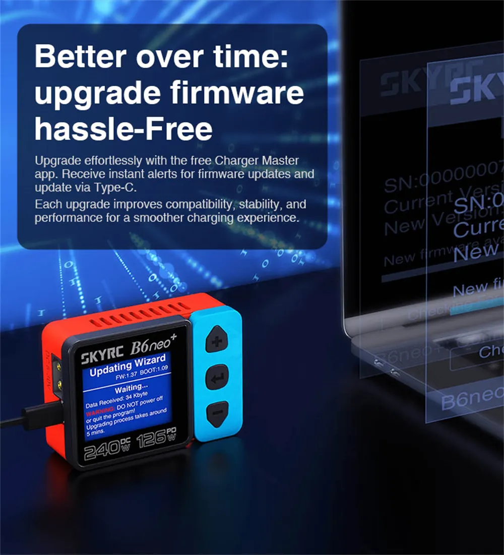 SkyRC B6neo+ DC 240W 10A PD 126W Multi-function Smart Charger for RC Aircraft Charge 1-6cells LiPo/LiFe/LiIon/LiHV 2-15cells NiMH/NiCd 3S/6S/12S Pb Battery