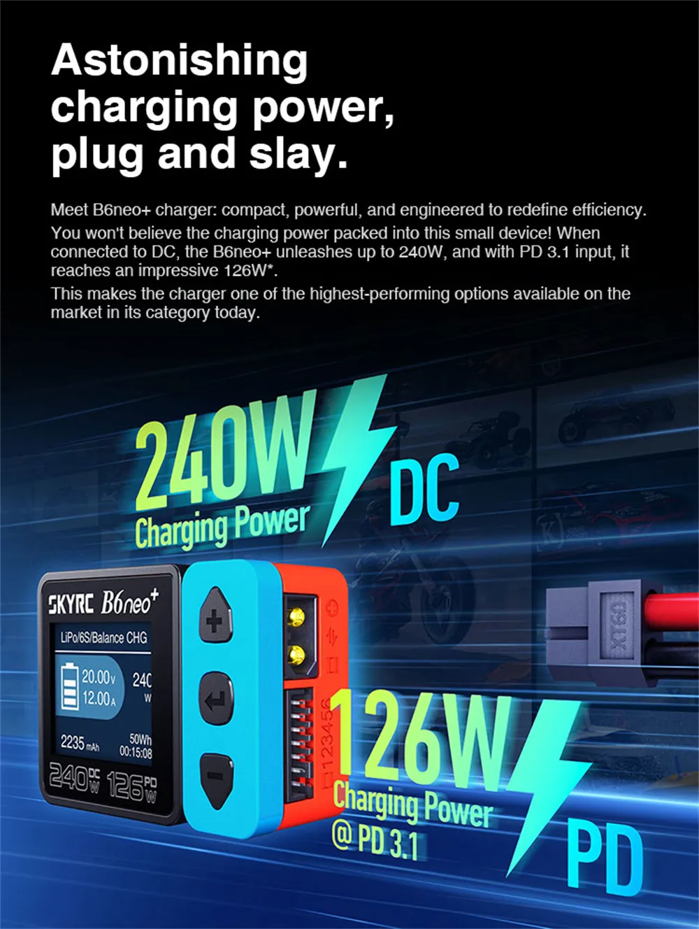 SkyRC B6neo+ DC 240W 10A PD 126W Multi-function Smart Charger for RC Aircraft Charge 1-6cells LiPo/LiFe/LiIon/LiHV 2-15cells NiMH/NiCd 3S/6S/12S Pb Battery