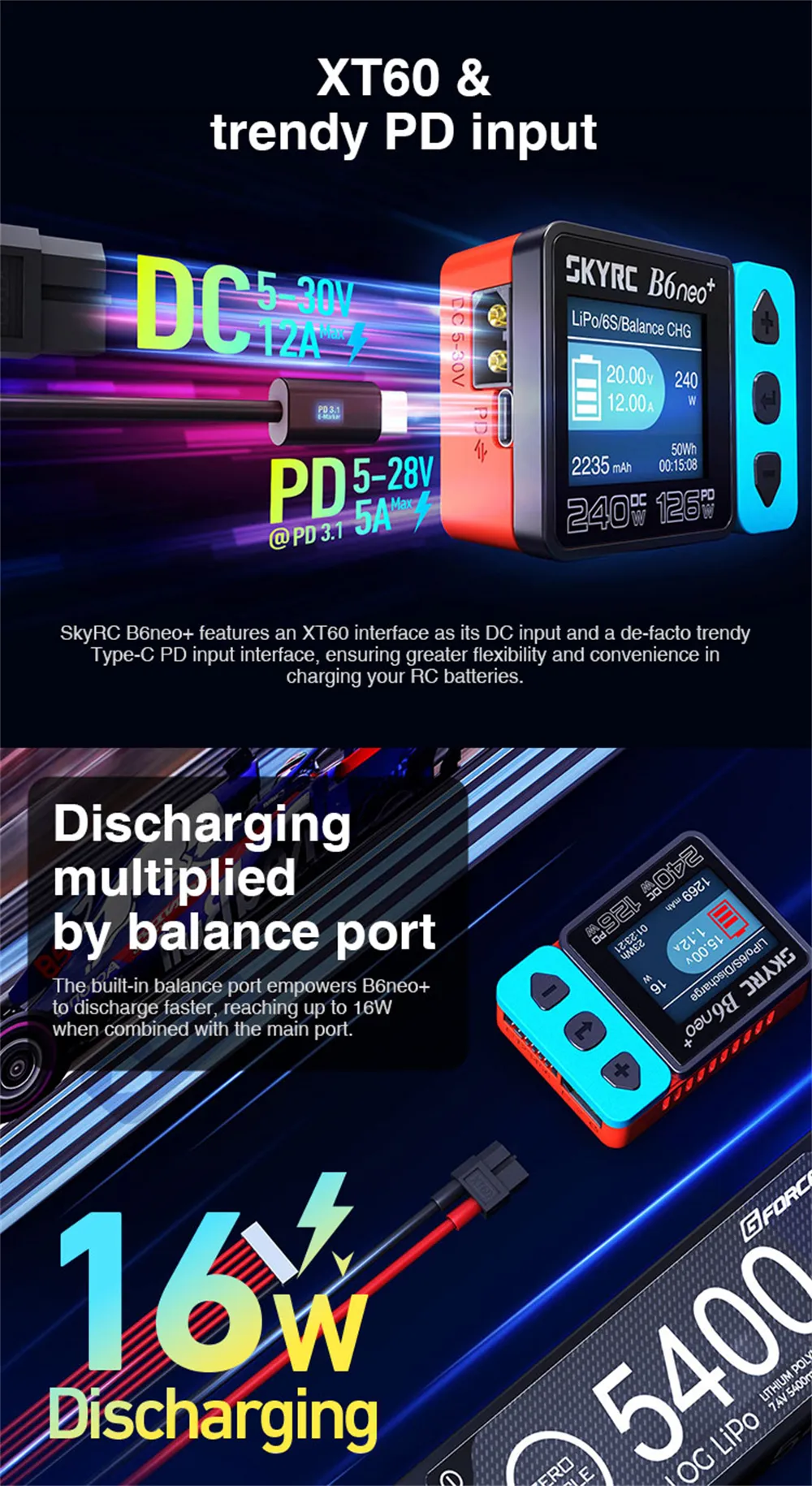SkyRC B6neo+ DC 240W 10A PD 126W Multi-function Smart Charger for RC Aircraft Charge 1-6cells LiPo/LiFe/LiIon/LiHV 2-15cells NiMH/NiCd 3S/6S/12S Pb Battery