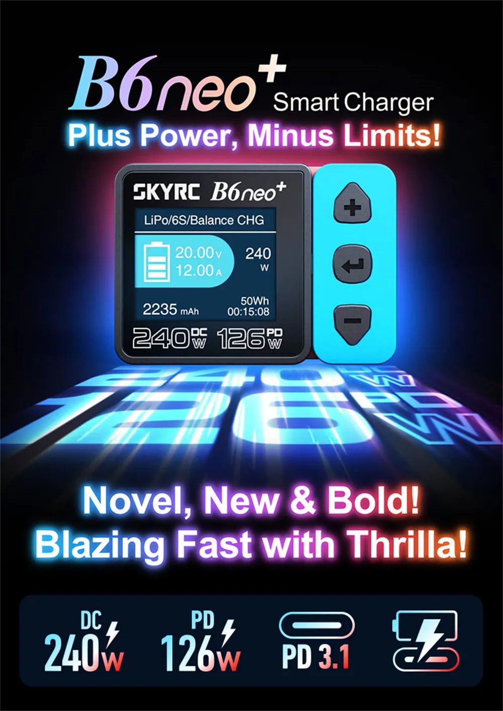 SkyRC B6neo+ DC 240W 10A PD 126W Multi-function Smart Charger for RC Aircraft Charge 1-6cells LiPo/LiFe/LiIon/LiHV 2-15cells NiMH/NiCd 3S/6S/12S Pb Battery