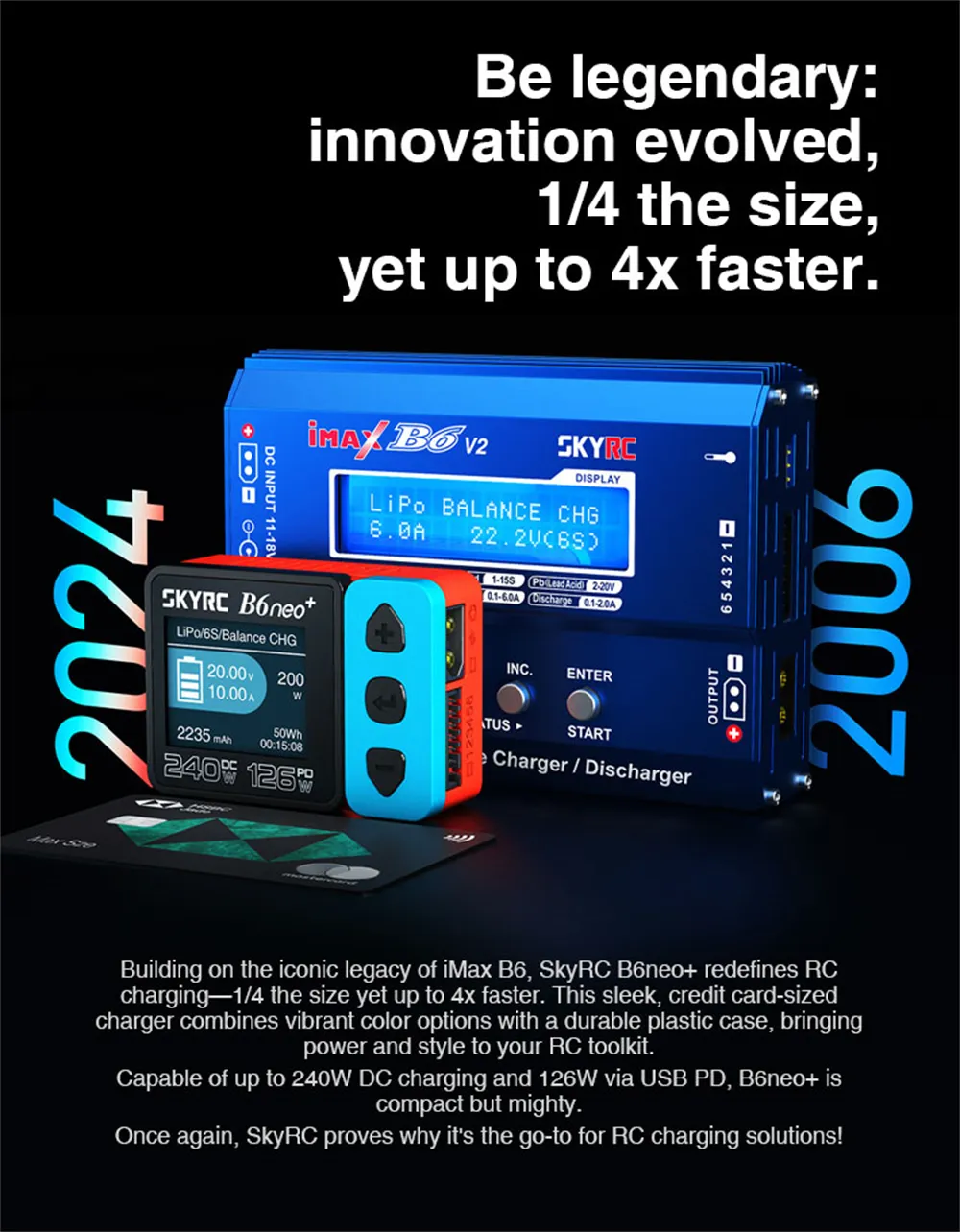 SkyRC B6neo+ DC 240W 10A PD 126W Multi-function Smart Charger for RC Aircraft Charge 1-6cells LiPo/LiFe/LiIon/LiHV 2-15cells NiMH/NiCd 3S/6S/12S Pb Battery