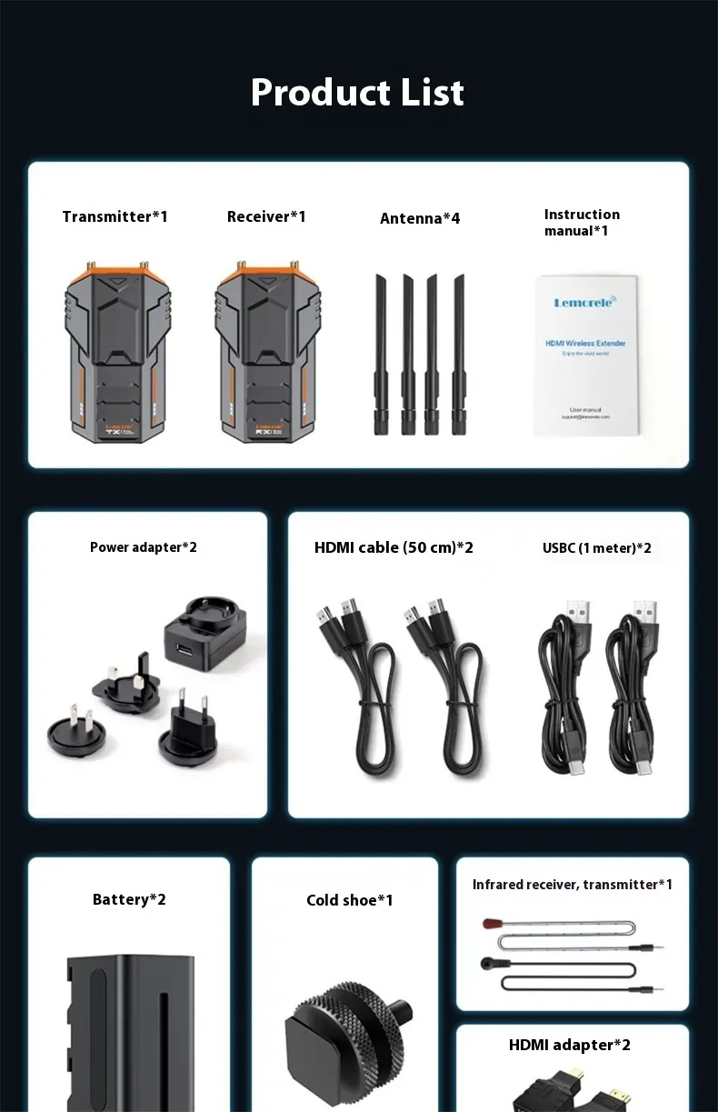 Lemorele R100 Plus Wireless HD Extender kit 200M 1080P 60Hz Transmitter and Receiver 5G Low Latency 0.01s for Laptop Camera PC Projector To TV
