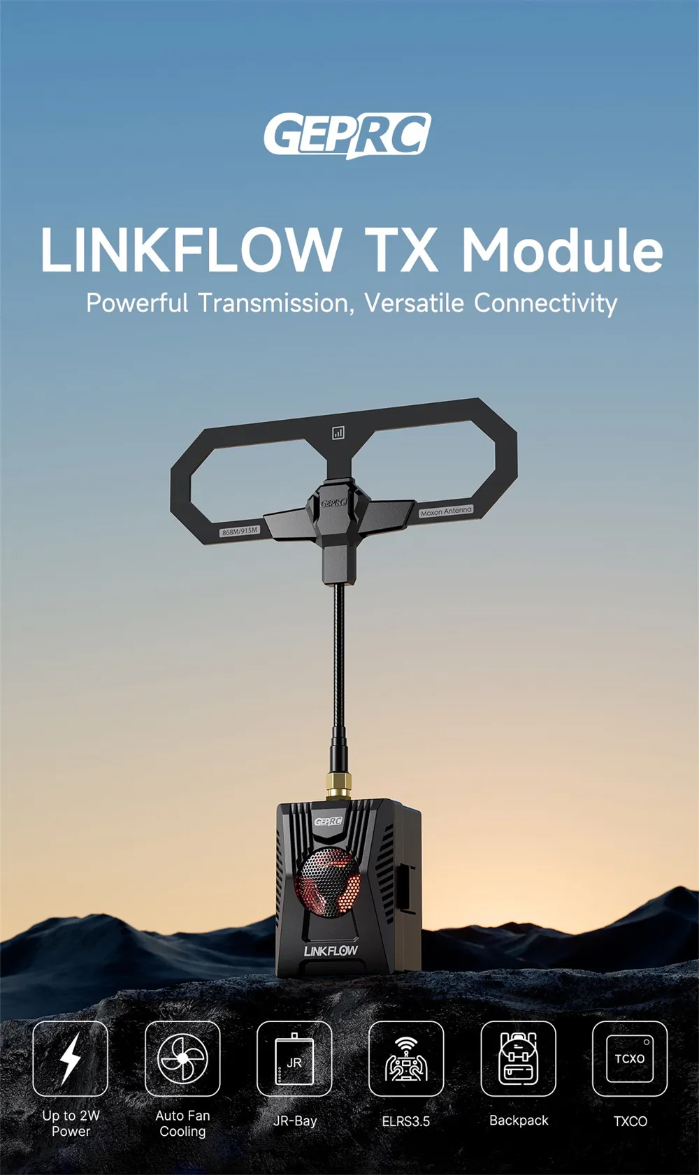 GEPRC LINKFLOW 868/915MHz 2W ELRS Open-Source 2000mW High Power TCXO TX Module With Moxon Antenna for FPV Racer Drones