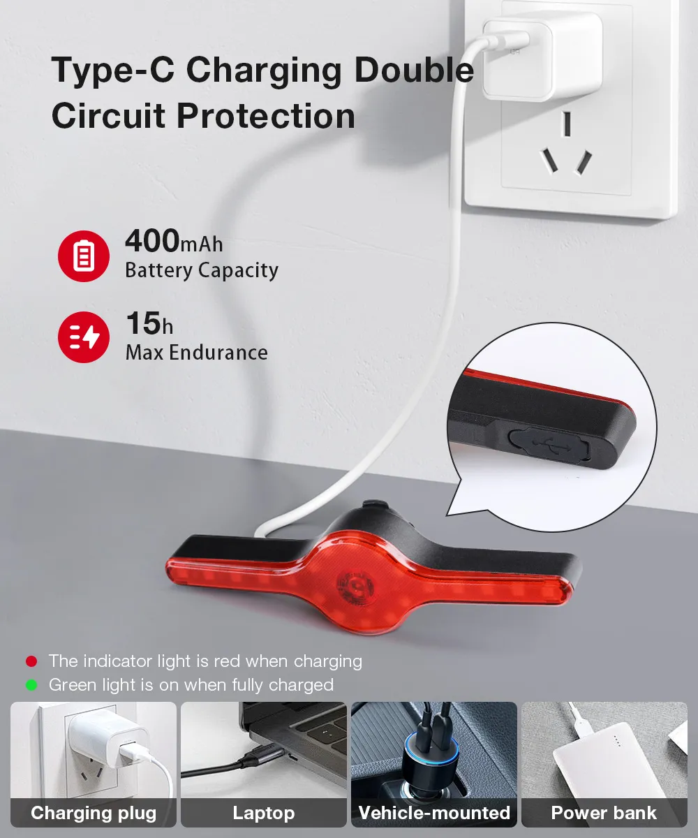LAOTIE X8 Wireless Remote Bike Turn Taillight 400mAh Battery 7 Light Modes Type-C Rechargeable IPX5 Waterproof Smart Brake Sensing Loud Warning Bicycle Rear Light for Night Safe Cycling