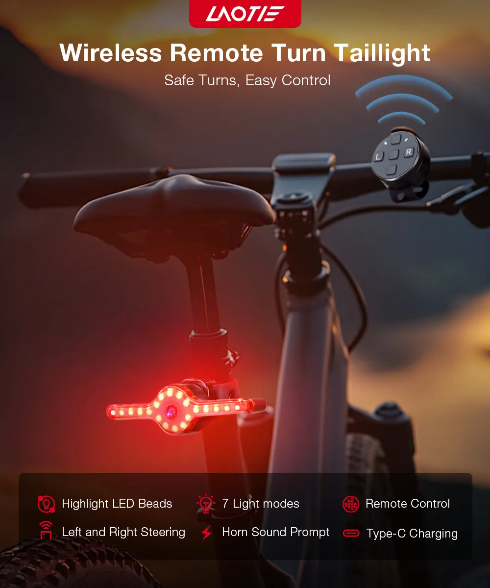 LAOTIE X8 Wireless Remote Bike Turn Taillight 400mAh Battery 7 Light Modes Type-C Rechargeable IPX5 Waterproof Smart Brake Sensing Loud Warning Bicycle Rear Light for Night Safe Cycling