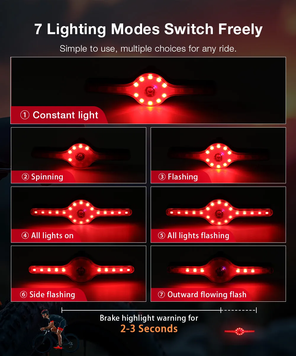LAOTIE X8 Wireless Remote Bike Turn Taillight 400mAh Battery 7 Light Modes Type-C Rechargeable IPX5 Waterproof Smart Brake Sensing Loud Warning Bicycle Rear Light for Night Safe Cycling