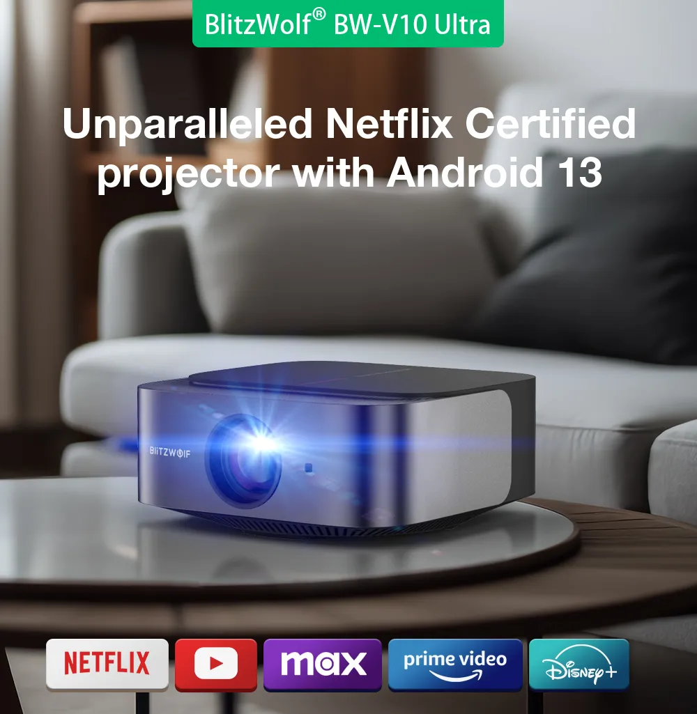 BlitzWolf BW-V10 Ultra Android 13.0 TV-проектор 1080P FHD Встроенный сертифицированный Netflix Видео Youtube Hulu 500 ANSI люменов Электрофокус и ментальная коррекция трапецеидальных искажений Портативный проектор
