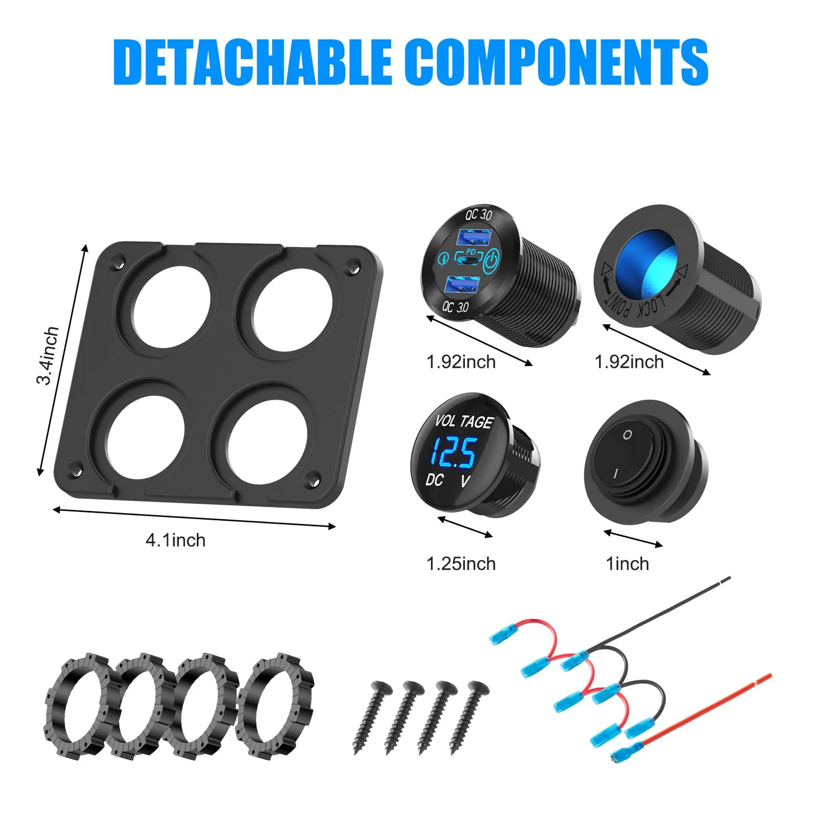 4 In 1 12V Marine Switch Panel Dual PD30W QC18W Car USB Port Aluminum Charger Lighted 150W Car Socket Blue LED Voltmeter and Rocker Switch 4 In 1 12V Marine Switch Panel Dual PD30W QC18W Car USB Port Aluminum Charger Lighted 150W Car Socket Blue LED Voltmeter and Rocker Switch