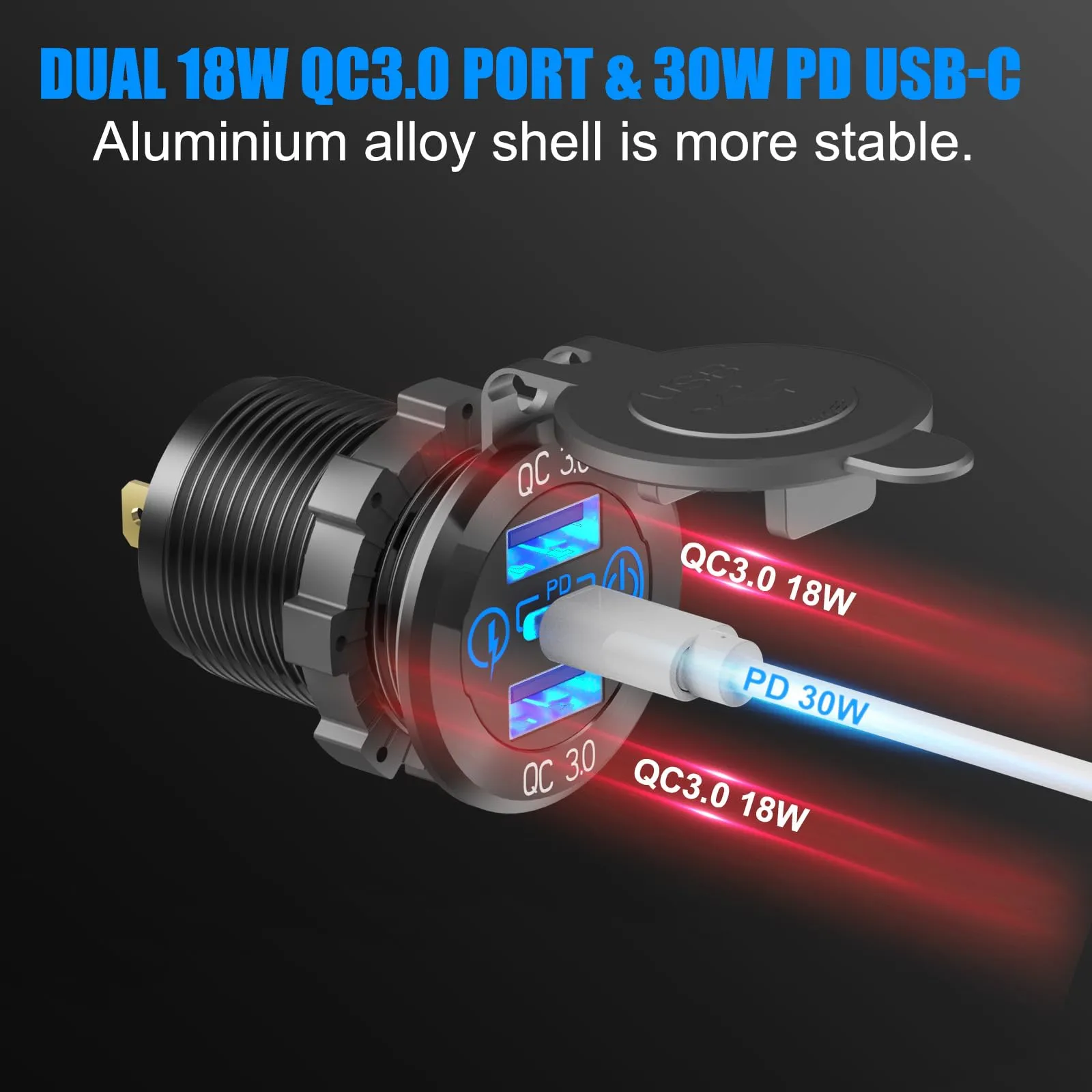 4 In 1 12V Marine Switch Panel Dual PD30W QC18W Car USB Port Aluminum Charger Lighted 150W Car Socket Blue LED Voltmeter and Rocker Switch 4 In 1 12V Marine Switch Panel Dual PD30W QC18W Car USB Port Aluminum Charger Lighted 150W Car Socket Blue LED Voltmeter and Rocker Switch