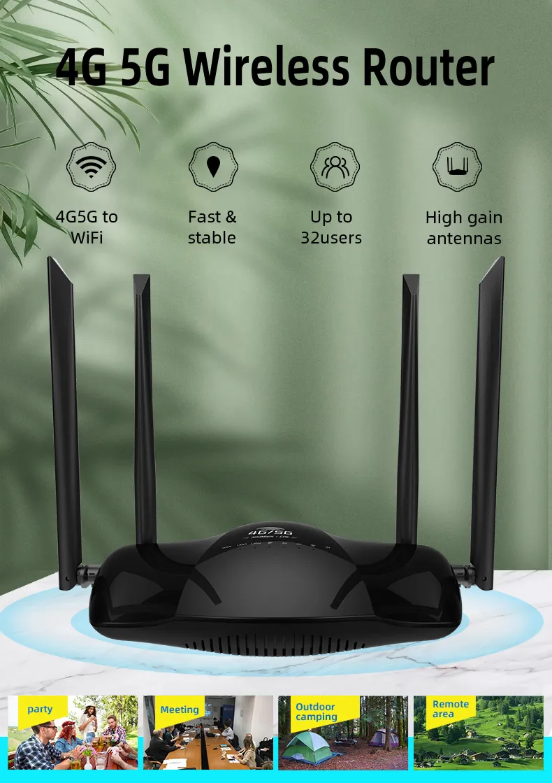 4G 5G CPE Wireless Router 300Mbps High-Speed 4 High-Gain Antennas 32 Users LAN WAN Ports SIM Card Slot Plug and Play Secure Encryption Heat Dissipation