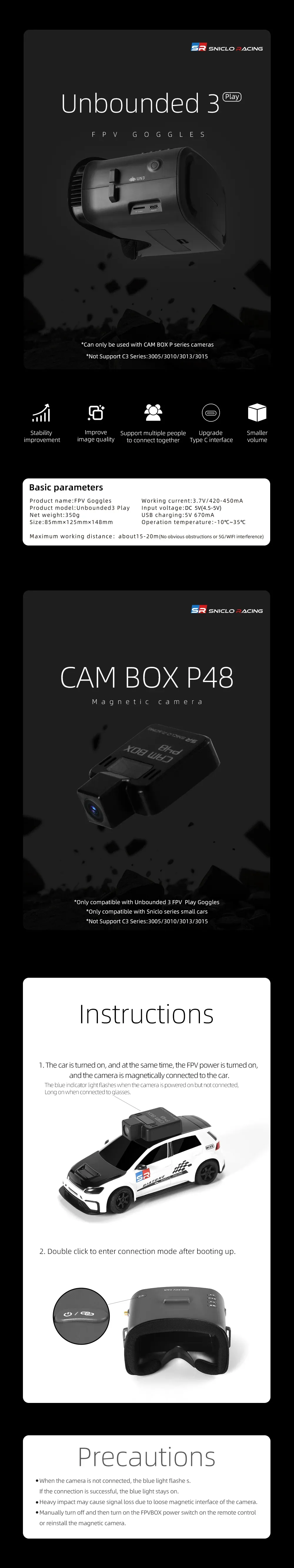 Sniclo Unbounded 3 Play 5.8G 4.3Inch FPV Goggles Kit Compatible with Magnetic CAM BOX P48 Camera for Sniclo Series Small Cars