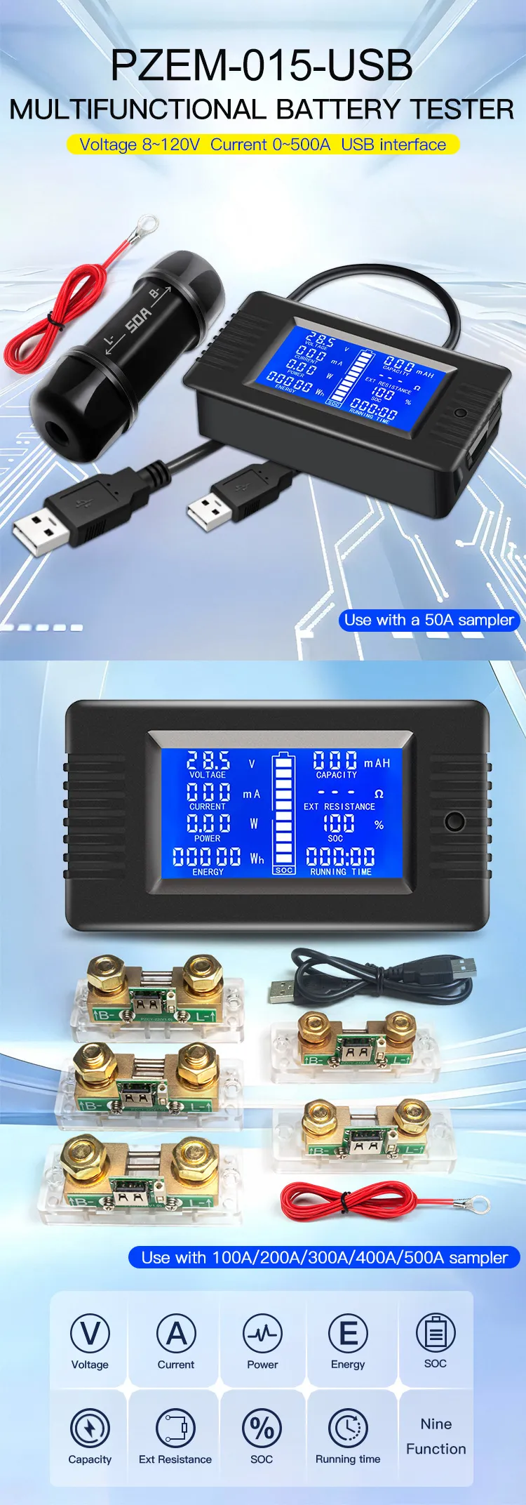 Peacefair PZEM-015 Car Battery Tester Multifunctional DC 120V Voltmeter Ammeter 100A-500A Capacity 0.5M USB Cable Resistance Voltmeter Monitor Peacefair PZEM-015 Car Battery Tester Multifunctional DC 120V Voltmeter Ammeter 100A-500A Capacity 0.5M USB Cable Resistance Voltmeter Monitor
