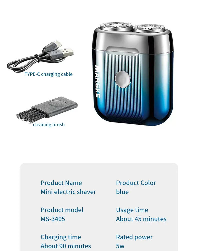 MARSKE Mini Electric Shaver Portable Men's Shaver IPX6 Washable Type-C Rechargeable Wet & Dry Compact Razor