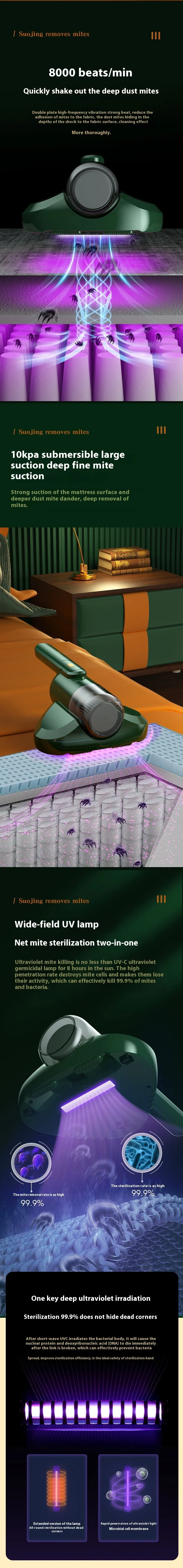 100,000 Pa Cordless Mite Remover UV Suction Machine Handheld Vacuum Cleaner Deep Clean Pet Dust Allergens