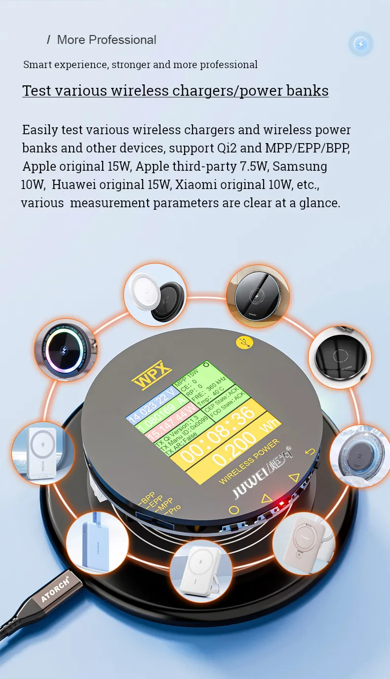 ATORCH WPX-5 Wireless Charging Tester Magnetic Test Multi-functional BPP-EPP-MPP 25W Fast Charging Debugger Repair Support 5W/7.5W/10W/15W Automatic Detection ATORCH WPX-5 Wireless Charging Tester Magnetic Test Multi-functional BPP-EPP-MPP 25W Fast Charging Debugger Repair Support 5W/7.5W/10W/15W Automatic Detection