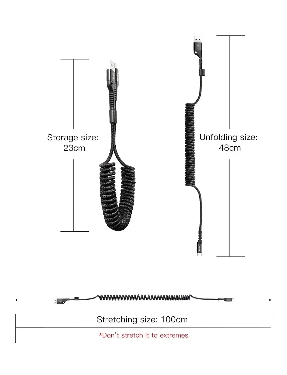 Baseus Fast Charging Type C Cable Spring Telescopic Car Phone Charger Cable For Samsung Xiaomi Redmi