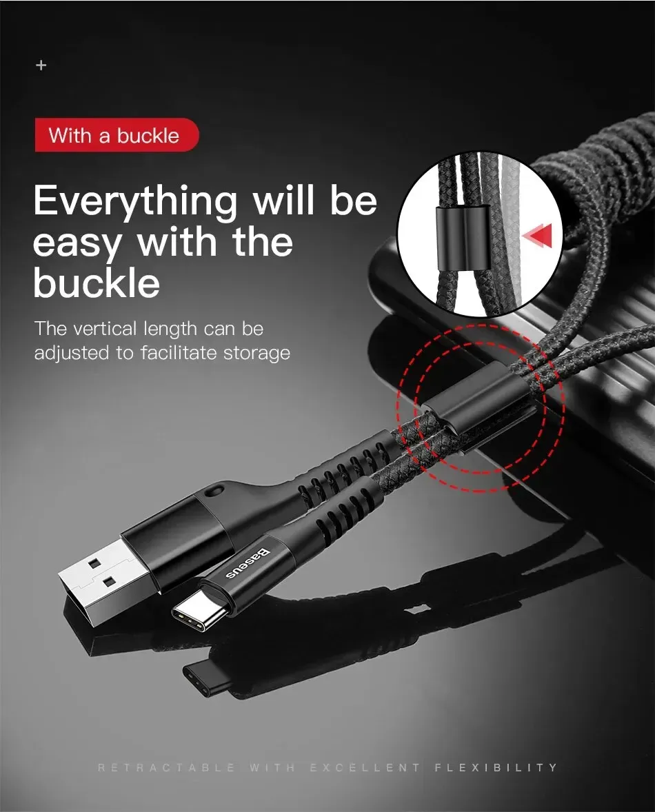 Baseus Fast Charging Type C Cable Spring Telescopic Car Phone Charger Cable For Samsung Xiaomi Redmi