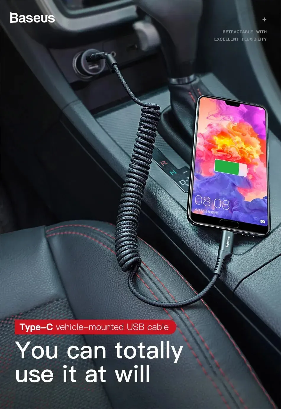 Baseus Fast Charging Type C Cable Spring Telescopic Car Phone Charger Cable For Samsung Xiaomi Redmi