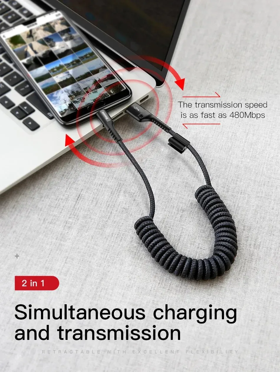 Baseus Fast Charging Type C Cable Spring Telescopic Car Phone Charger Cable For Samsung Xiaomi Redmi