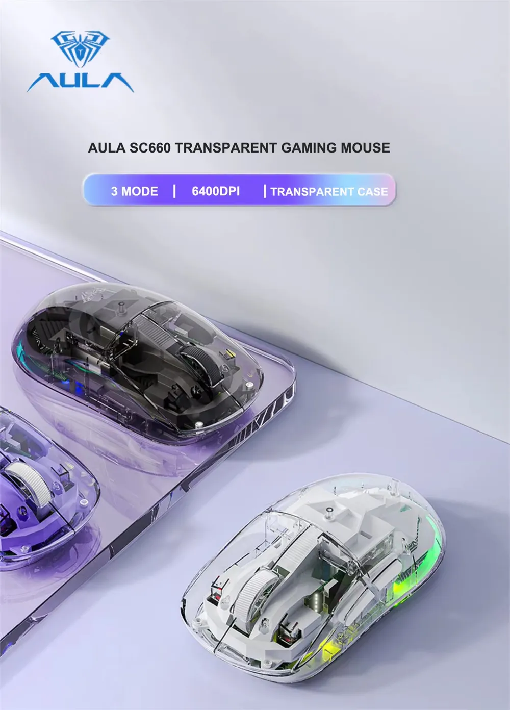 AULA SC660 Transparent Wireless Bluetooth Mouse 2.4G Three-mode Connection Lightweight Rechargeable 10000DPI E-sports Game