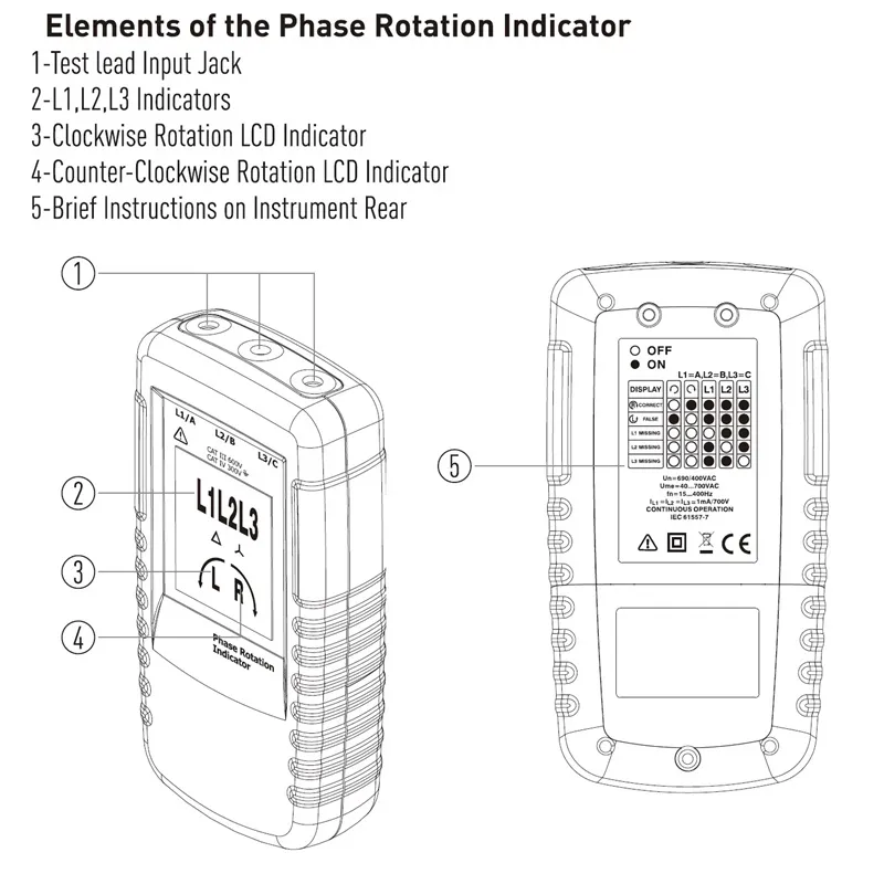 DT-901 Phase Indicator Three-phase 40V-690V AC phase sequenc steering indicator LCD Display 15Hz to 400Hz Frequency