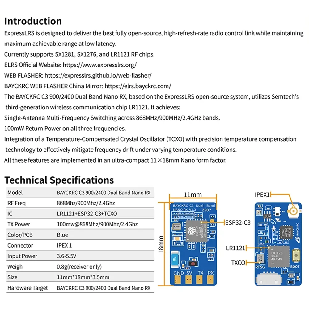 BAYCKRC C3 900/2400 868Mhz/900Mhz/2.4Ghz Dual Band Nano RX Open Source ELRS Receiver TCXO for FPV Racing Long Range Drone BAYCKRC C3 900/2400 868Mhz/900Mhz/2.4Ghz Dual Band Nano RX Open Source ELRS Receiver TCXO for FPV Racing Long Range Drone