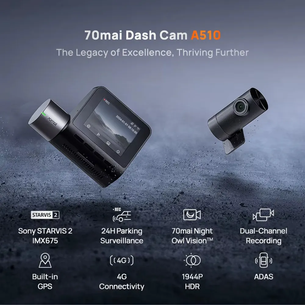 70mai A510 Dual Dash Cam 1944P Front Camera 1080P Rear Camera HDR GPS ADAS 4G Connectivity Car DVR 24H Parking Support GPS