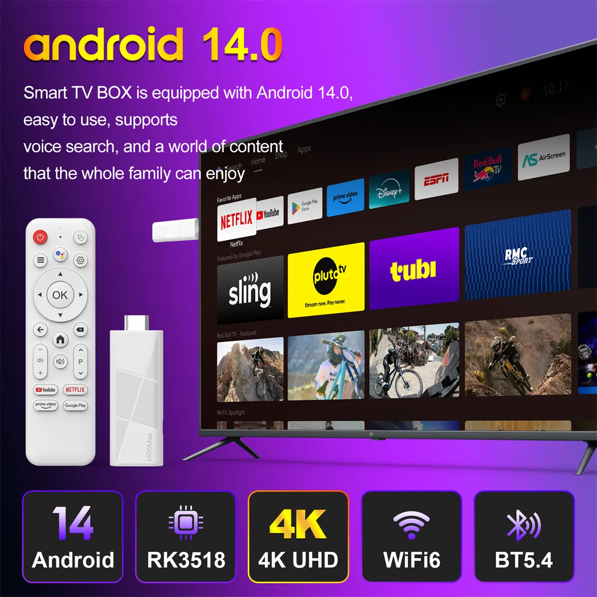 H96Max 2+8G Android 14.0 TV Stick RK3518 Quad-core 3D 4K Ultra HD Streaming Media Player Support WiFi6 bluetooth 5.4 HD Output Google Voice Remote