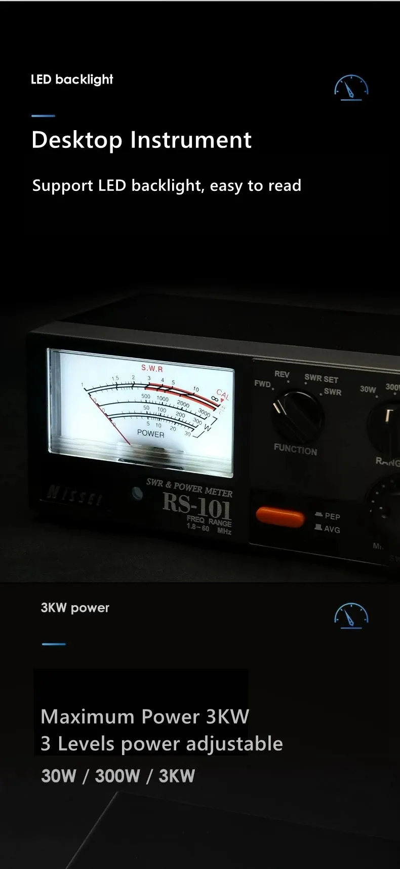 NISSEI RS-101 SWR Power Meter 1.8-60MHz Frequency Range 0-3KW Adjustable Power LED Backlight SO-239 Connectors 50 Ohm Low Loss Radio Accessories NISSEI RS-101 SWR Power Meter 1.8-60MHz Frequency Range 0-3KW Adjustable Power LED Backlight SO-239 Connectors 50 Ohm Low Loss Radio Accessories