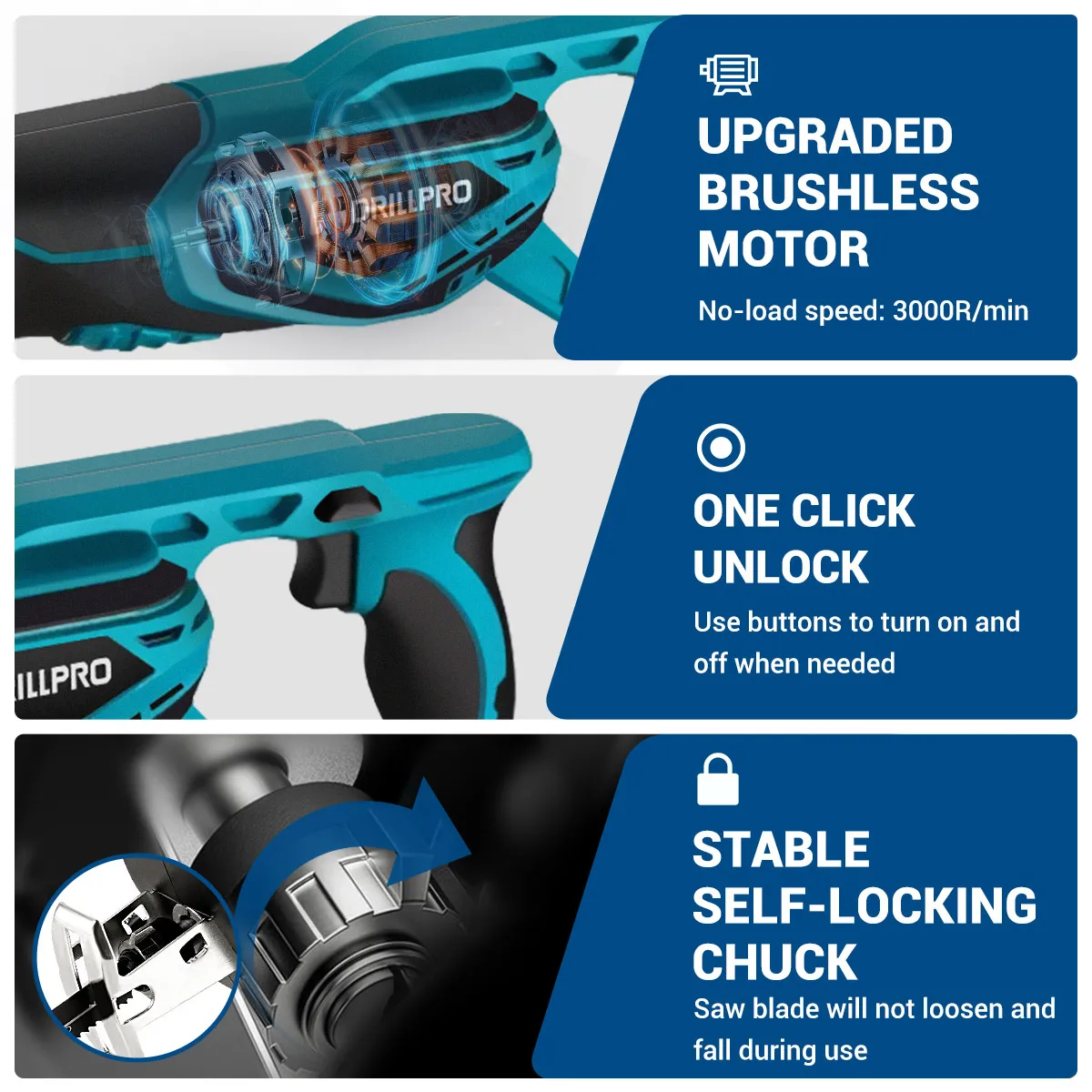 Drillpro Reciprocating Saw Brushless Motor 3000W 18V Adjustable Speed 0-3000rpm High Cutting Capacity for Wood Metal Plastic for 18V Battery