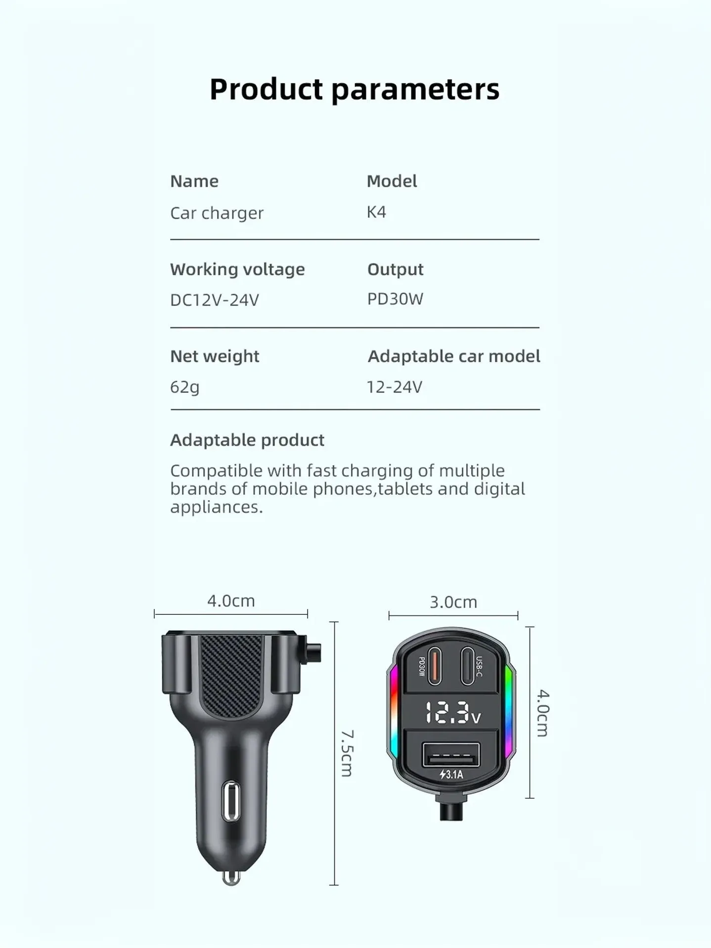 High Speed Car Charger 2 in 1 Retractable USB Cable PD 30W with 3 Ports for Efficient Phone Charging