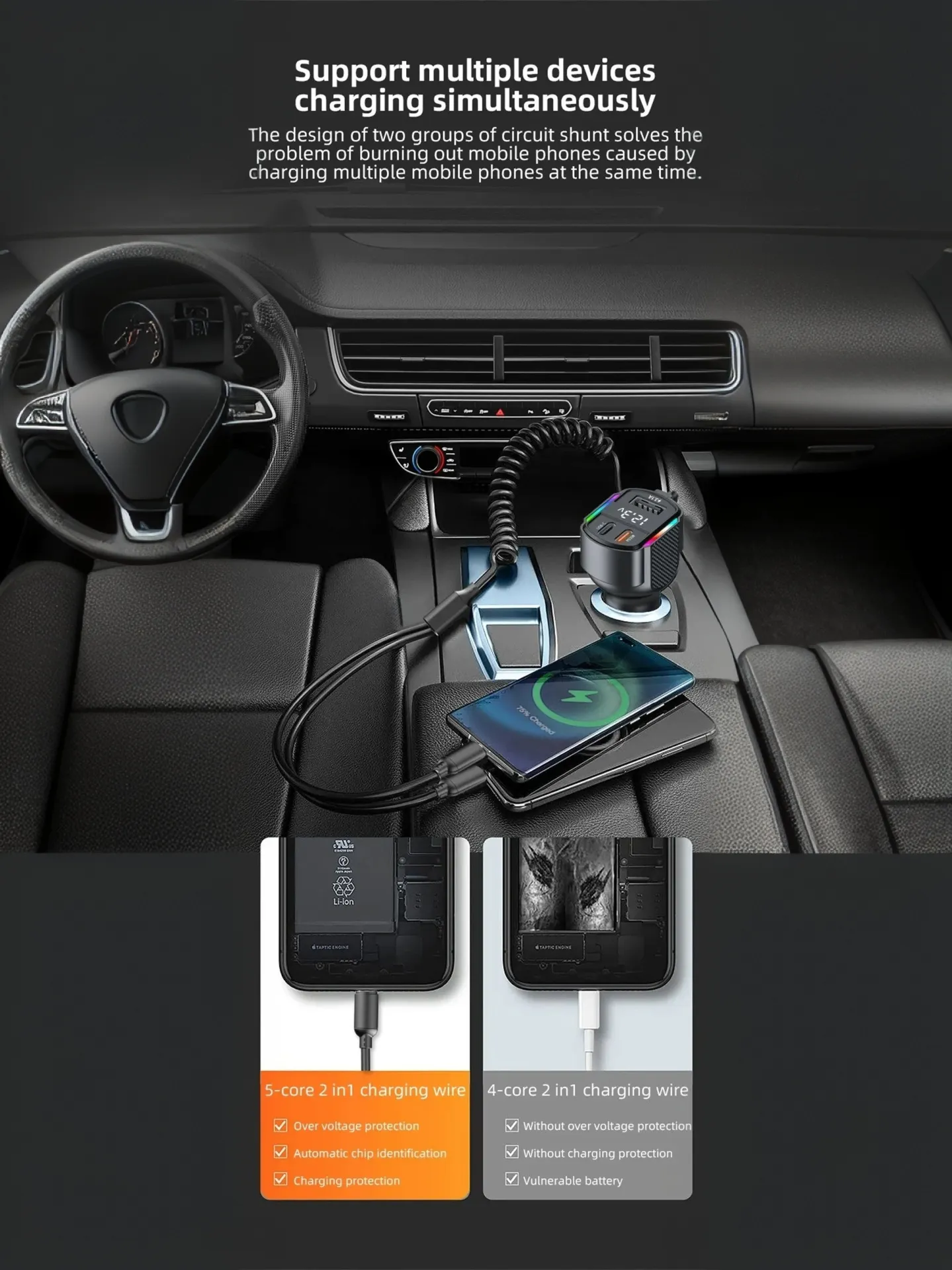 High Speed Car Charger 2 in 1 Retractable USB Cable PD 30W with 3 Ports for Efficient Phone Charging