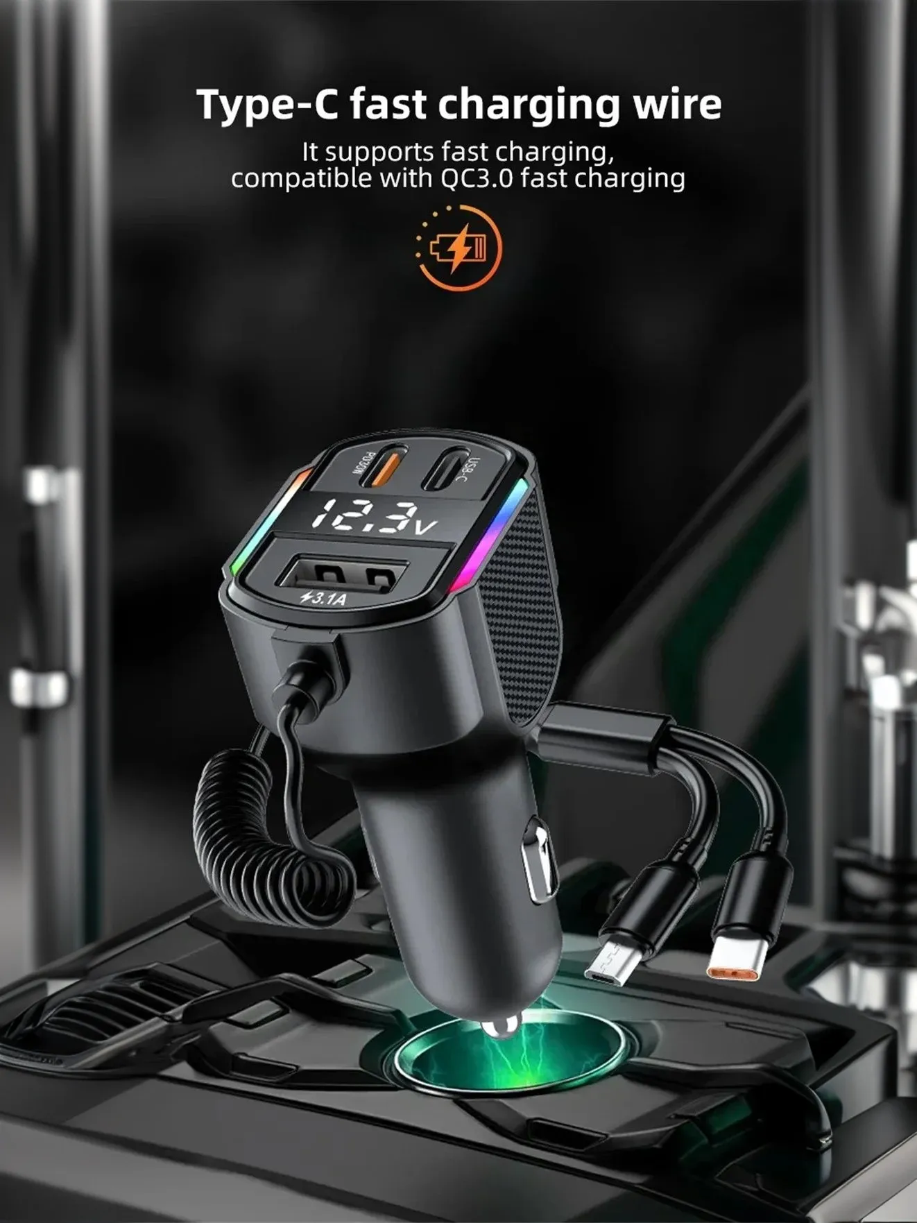High Speed Car Charger 2 in 1 Retractable USB Cable PD 30W with 3 Ports for Efficient Phone Charging