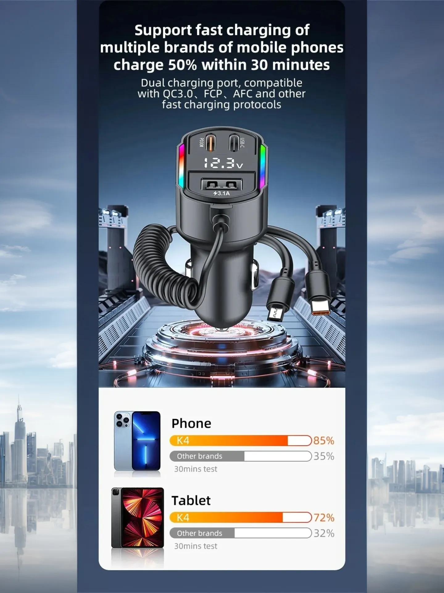 High Speed Car Charger 2 in 1 Retractable USB Cable PD 30W with 3 Ports for Efficient Phone Charging