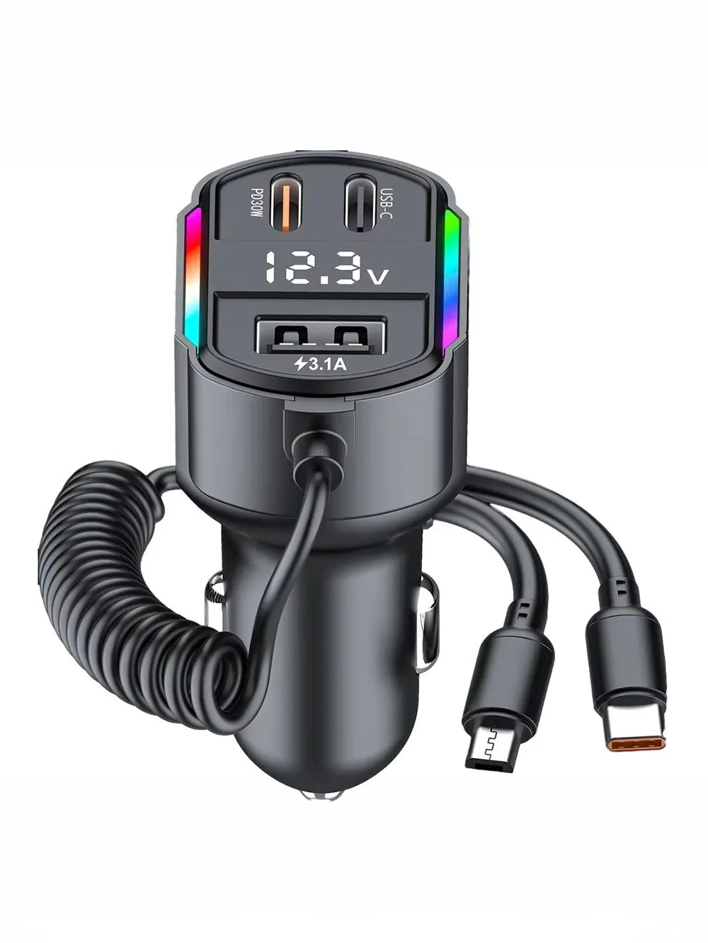 High Speed Car Charger 2 in 1 Retractable USB Cable PD 30W with 3 Ports for Efficient Phone Charging