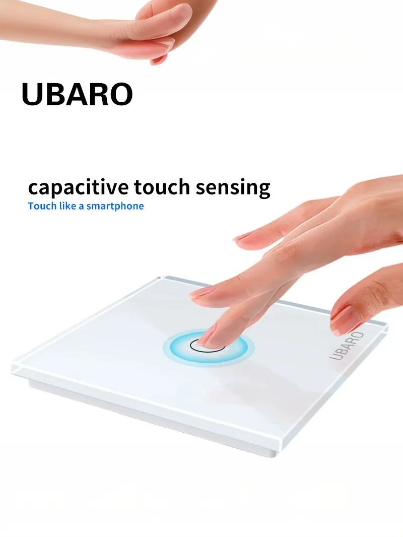 UBARO 1 Gang 86 Type Smart Wall Touch Switch Tempered Glass Panel Single Live Wire Waterproof Heat Resistant LED Indicator