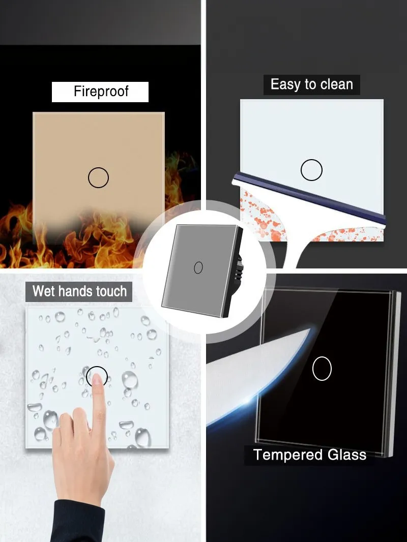 UBARO 1 Gang 86 Type Smart Wall Touch Switch Tempered Glass Panel Single Live Wire Waterproof Heat Resistant LED Indicator